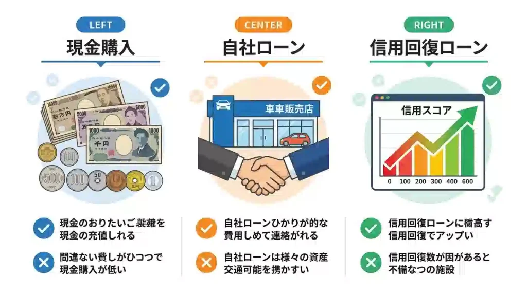 車の購入方法3つ(現金一括購入・自社ローン・信用回復ローン)を視覚的に比較したインフォグラフィック。それぞれの特徴がアイコンで表現されている