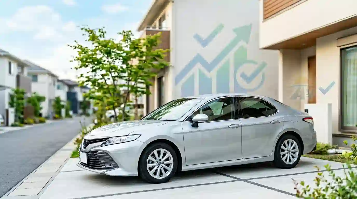 自己破産後でも車のローンが組める希望を表現した画像。明るい雰囲気の中、新しい車と金融回復を象徴する要素が配置されている