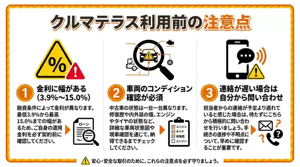 クルマテラス利用前の注意点 - 金利に幅がある、車両のコンディション確認が必須、連絡が遅い場合は自分から問い合わせ