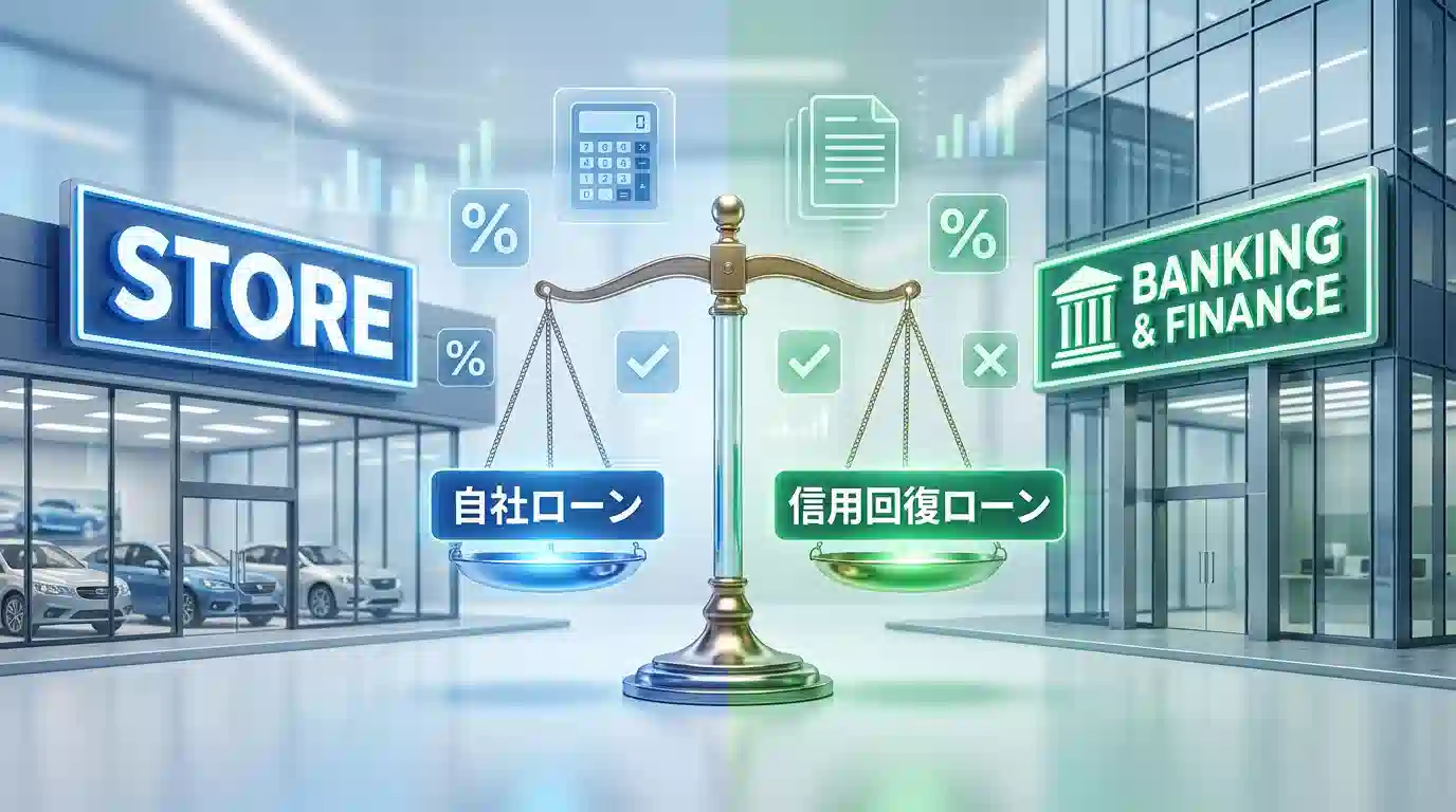 信用回復ローンと自社ローンの比較 - 2つのローン選択肢を天秤で比較するイメージ